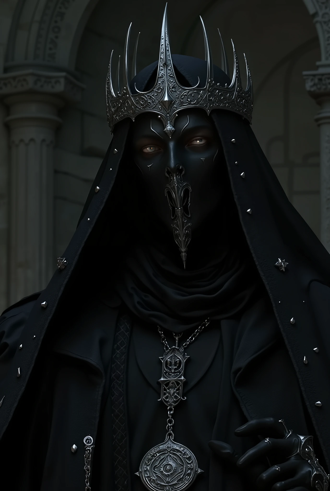 ((masterpiece)), ((top quality:1.2)), high definition, 8 k, (ultra_realistic:1.3), (photorealistic:1.4), Incredibly attractive, muscular man, dark warlock king, height 190, On it ((long, a deep hood made of thick fabric , , completely covering his head and falling on his shoulders , There is a black steel crown on the head, gothic, with thin chains and mystical engravings, superimposed on top of the hood ). A man has a skull mask on his face. ((Almond-shaped blue eyes are visible through the mask's eye sockets:1.4)). hair short, blond, age 30 years. Man tall , massive, wide, strong chest, ((emphasized abdominal muscles and perfectly pumped arms:1.5)), detailed skin texture, beautiful fingers. (Background — dark throne room, massive stone walls , tall gothic windows, faint moonlight breaks through , massive iron chandeliers cast long, ominous shadows. The ceiling is lost in the dark, , the arches are decorated with metal plates with ancient runes. The lighting is cold, dark )
