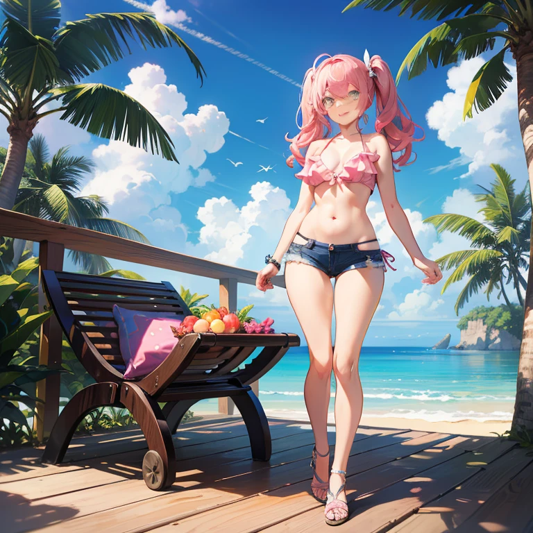 Super Sonico enjoying the beautiful beach scenery, with her red eyes shining and headphones on, sitting on the sand in a white and blue striped bikini