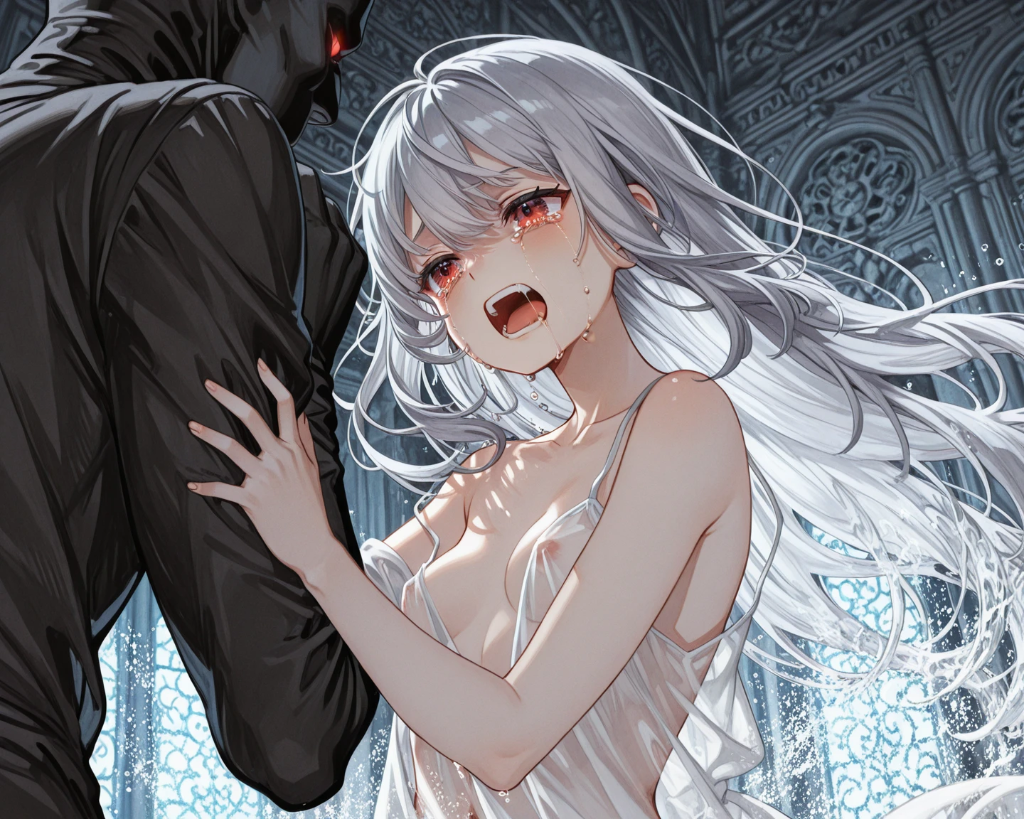 nsfw,1girl and 1boy,best quality,very aesthetic,,8K,Highest quality,masterpiece,Highest quality,anime girl with white hair and black ears, {{{ahegao}}}, anime girl with cat ears, , ahegao face, girl with cat ears, cute anime catgirl, {Nude},loli, Ecstatic expression, white haired deity, , lolish,Virtual Youtuber, cleavage, bottomless,(1man and 1woman, having Sex:1.8),vaginale,Sex,back,pussy juice,penis,steam,,drool,bed room,from side