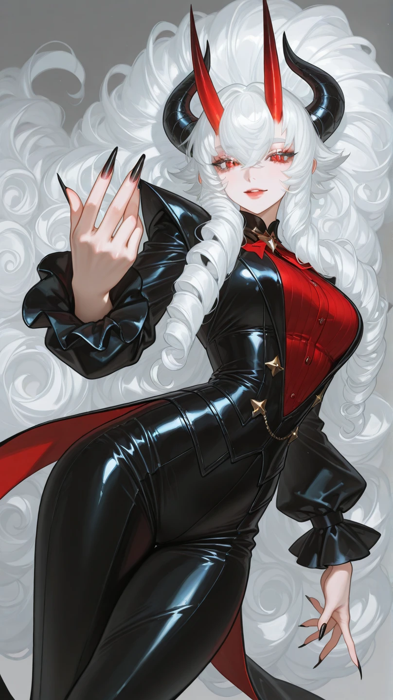 ((ultra quality)), ((masterpiece)), ((Angelic beauty woman)), ((long white curly hair)), ((White hair)), ((fluffy white hair)), ((curly hair)), (beautiful face), (beautiful female lips), Enchanting ((Seductive facial expression)), looks at the camera with a slight smile, (White skin color), (White skin), glow on the body, ((detailed eyes)), ((Next to a huge black snake)), ((violet eyes)), (juicy female lips), (dark eyeliner), (beautiful female hands), ((thick body)), ideal female body, ((Red dress)), beautiful waist, beautiful big hips, big breasts, thick thighs, ((threatening and beautiful)) (), ((depth of field)), ((high quality clear image)), (delete details), ((High detail)), ((clear focus))