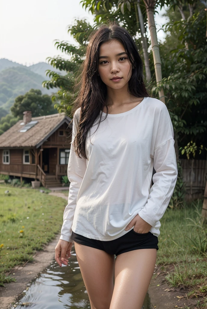 girl sitting in the forest, beautiful girl, wet white t-shirt and wet black skirt, night time, camp fire, trees in the background, glowing fire, moon lighting, depth of field, ultra realistic, high detail, masterpiece, huge breasts, fit abs, small waist, glass hour shape, smiling face, hands holding hair in a ponytail, sitting on a log, rainy background, looking at the sky, enjoying the rain, hands in hair, hands above head