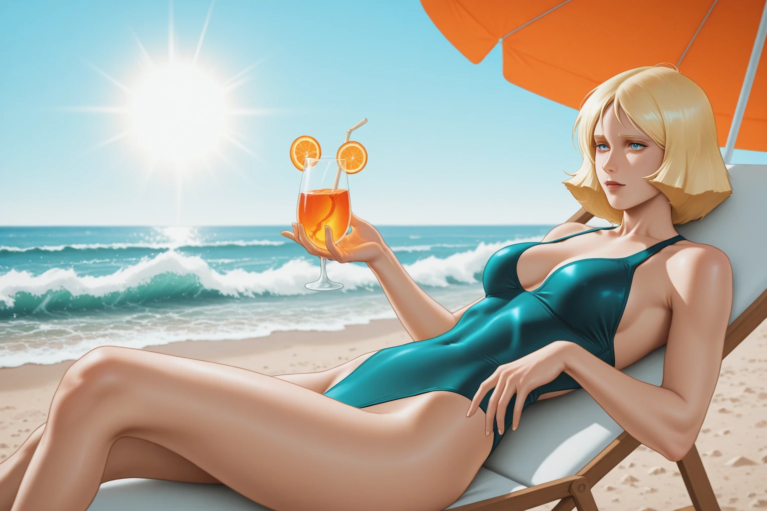 elle est en maillot de bain avec un cocktail à la piscine