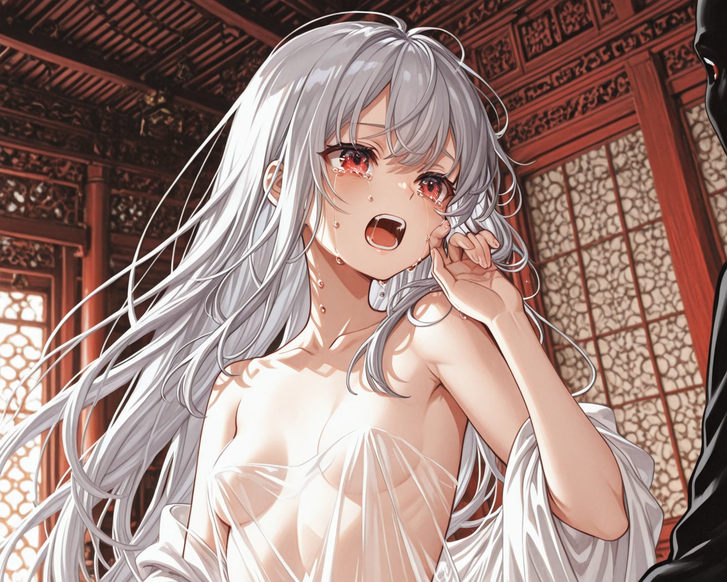 Draw to the smallest detail、Detailed facial depiction、Delicate painting、topless、Nipples are visible、Completely naked、The body is slim、Tight waist、No background、Beautiful Hair、Delicately draw the face、Drawing nipples、Character Sheet、Character Design、card、デザインcard、Face close-upを描く、Long Hair、Face close-up、Complicated hairstyle、Stylish design、Golden text、Princess、Small breasts、Small breasts、Draw a large face on the back、There is a giant face in the background.、Silver Hair
