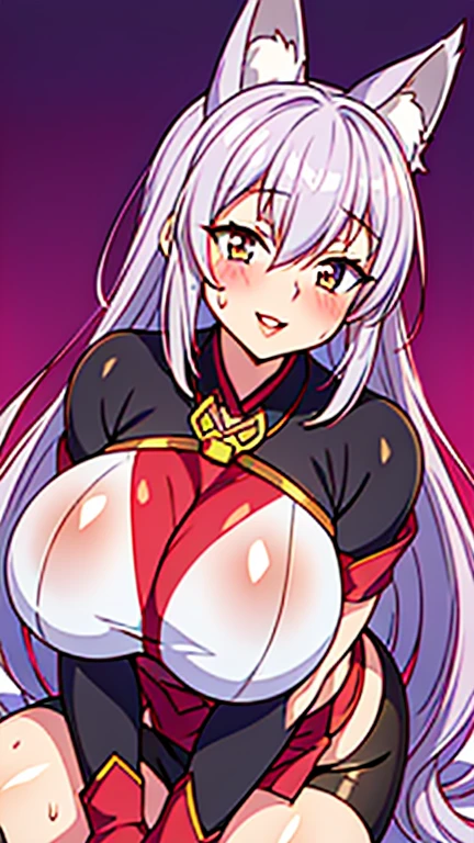 huge , smile, busty, kimono, cleavage, silver hair, blue eyes, long hair, milf, upperbody,