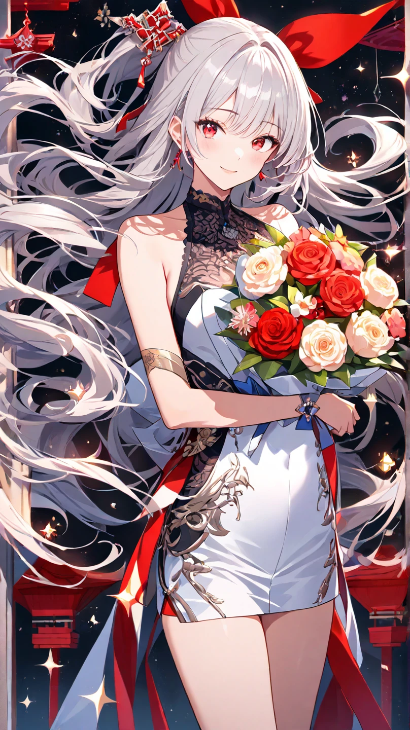 masterpiece, Highest quality, shape, saxophone red, Platinum Earrings, Platinum Necklace, White Dress, 1 person, cute, (Dynamic Lighting:1.2), Cinema Lighting, Delicate features, Beautiful Eyes, Sharp pupils, shapeの良い大きな胸, Realistic student, Depth of written border, Bokeh, Sharp focus, (Very detailed, bloom, Shine:1.4), Lots of little gems