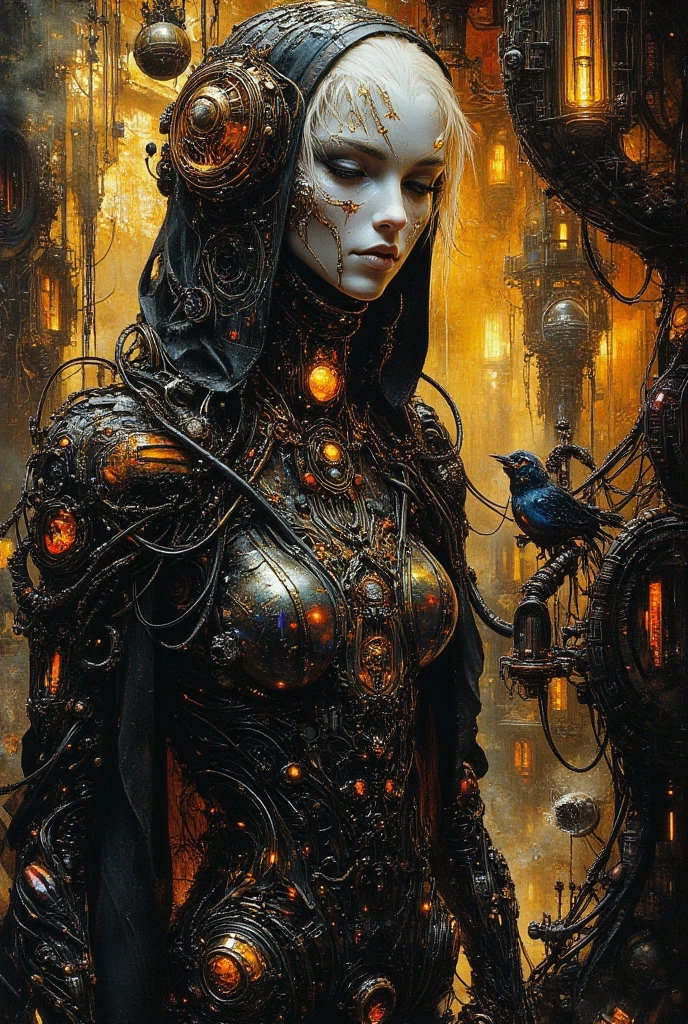 Best quality, masterpiece, meticulous details, intricate detail, realistic, a hot futuristic lady amidst spooky halloween vibes