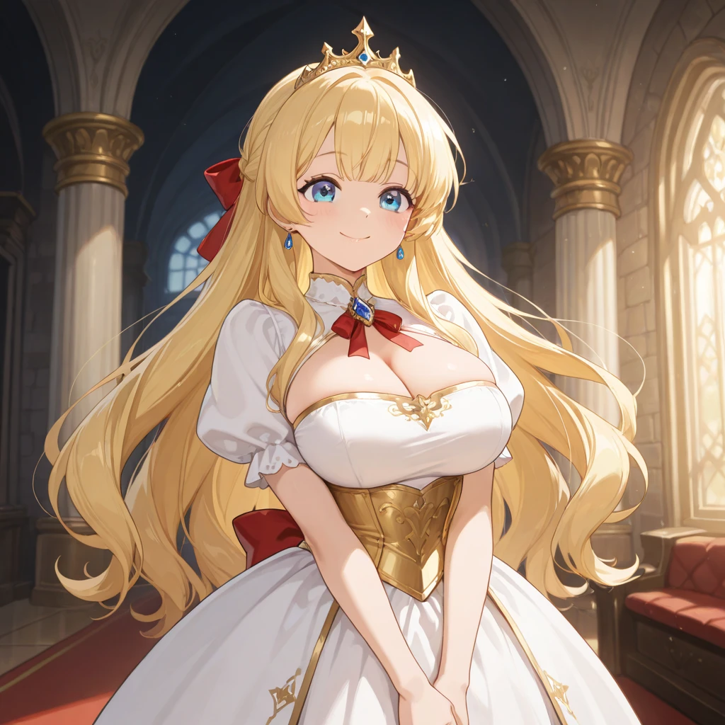 masterpiece,8K,A woman with big tits,Gorgeous woman,transparent,Long blond hair,big hair,((hime cut)),Gorgeous jewelry,Crystal Hair Accessories,Cleavage,pubic,In front of the altar of the majestic church、(Blurred background)、Brighter light,(Elegant gloss)、Lots of ribbons、((Puffy sleeves))、Long cuffs,Multi-button、Gold embroidery、Long trains、White embroidered gloves、Five fingers、red cheeks