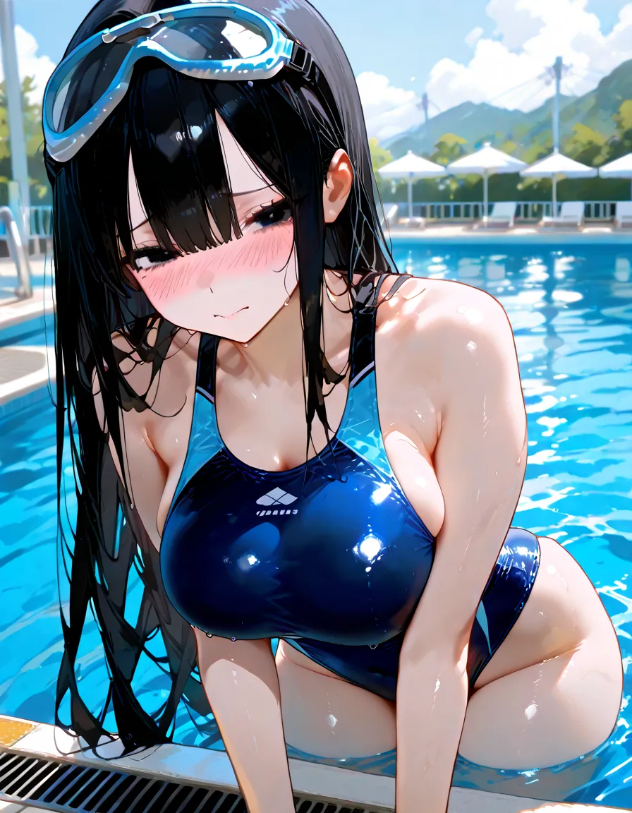 absurderes、hight resolution、ultra-detailliert、 、Indoor pool、dark ilumination、Very heavy rain 、swimming pools、 (​masterpiece、top-quality)、Ray traching、absurderes、nffsw、​master piece, ((View landscape)), (profile), (Side), Seen from the side, Facing to the side, Sharp Focus ,Delicate Beautiful Hair and Eyes and Face, Lifelike, Hyper-detailing, a beauty girl, Dynamic Hair, pale skin,Smooth skin, ,natural(large boob:1.3), ((exposed breast)), ((cleavage of the breast)), ((The areol)), (teats), (Leaning forward),Beautiful cute woman, Cute 17 year old girl , (((cum on facial))),((cum on chest)),((cum on the body)),((Bukkake)),soaked body,Fog exhaled,steam,trembling, (Delicate black hair),length hair, Sideways,((Wearing a competitive swimsuit)), scornful look, Contemptuous gaze, dislike, is crying, a closed mouth, (((arms behind back))), ((Protruding chest)), Clean perfect breasts