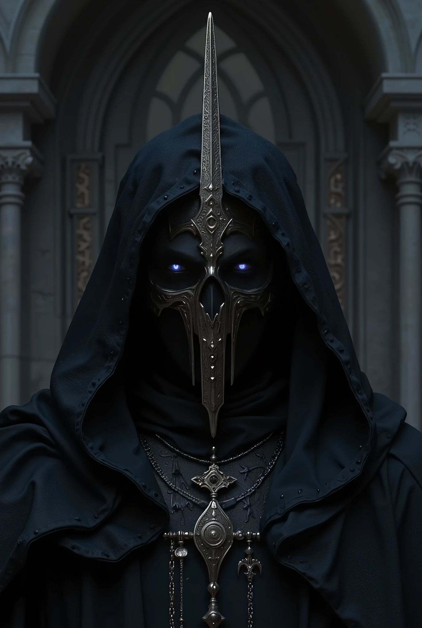 ((masterpiece)), ((top quality:1.2)), high definition, 8 k, (ultra_realistic:1.3), (photorealistic:1.4), Incredibly attractive, muscular man, dark warlock king, height 190, On it ((long, a deep hood made of thick fabric , , completely covering his head and falling on his shoulders , There is a black steel crown on the head, gothic, with thin chains and mystical engravings, superimposed on top of the hood ). A man has a skull mask on his face. ((Almond-shaped blue eyes are visible through the mask's eye sockets:1.4)). hair short, blond, age 30 years. Man tall , massive, wide, strong chest, ((emphasized abdominal muscles and perfectly pumped arms:1.5)), detailed skin texture, beautiful fingers. (Background — dark throne room, massive stone walls , tall gothic windows, faint moonlight breaks through , massive iron chandeliers cast long, ominous shadows. The ceiling is lost in the dark, , the arches are decorated with metal plates with ancient runes. The lighting is cold, dark )
