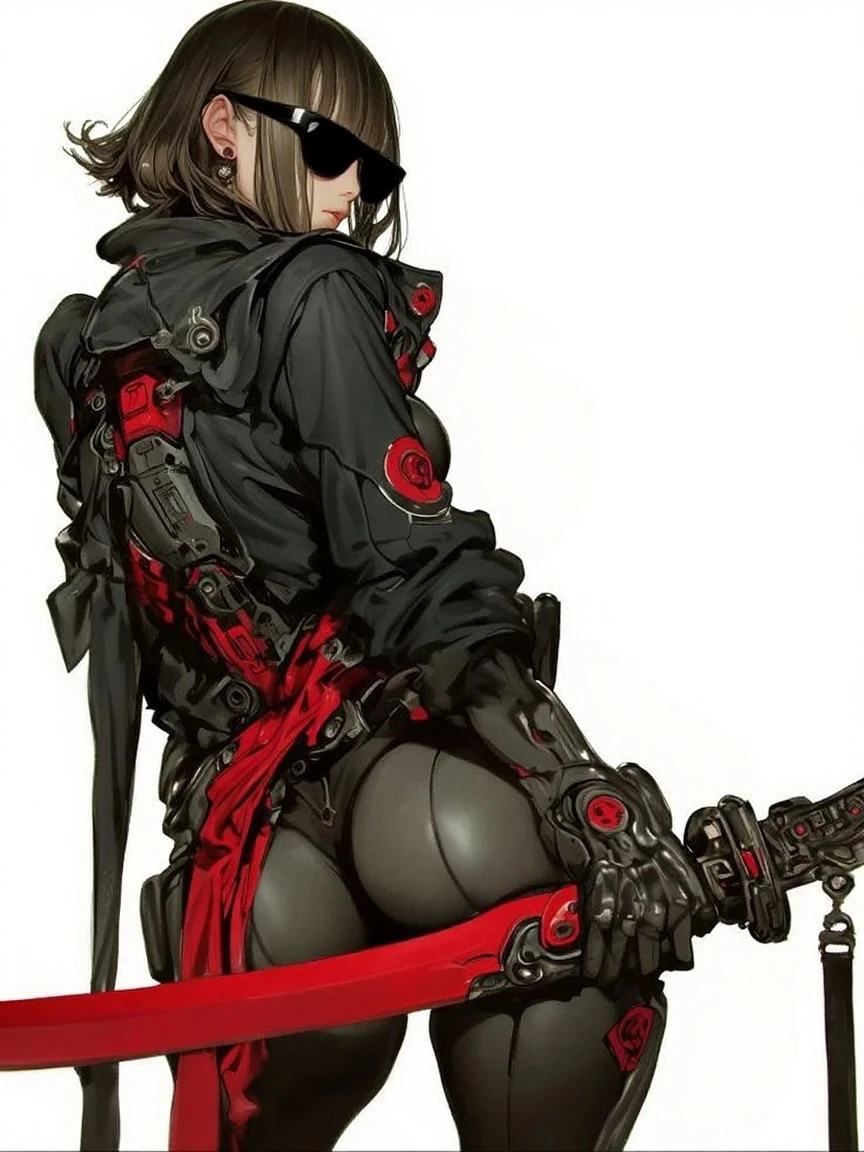 1girl, with weapon, ripped clothes, squatting, from below, looking in camera,  <lora:st_discoElysiumStyle_v1:1> zaum, elysiumchar, portrait