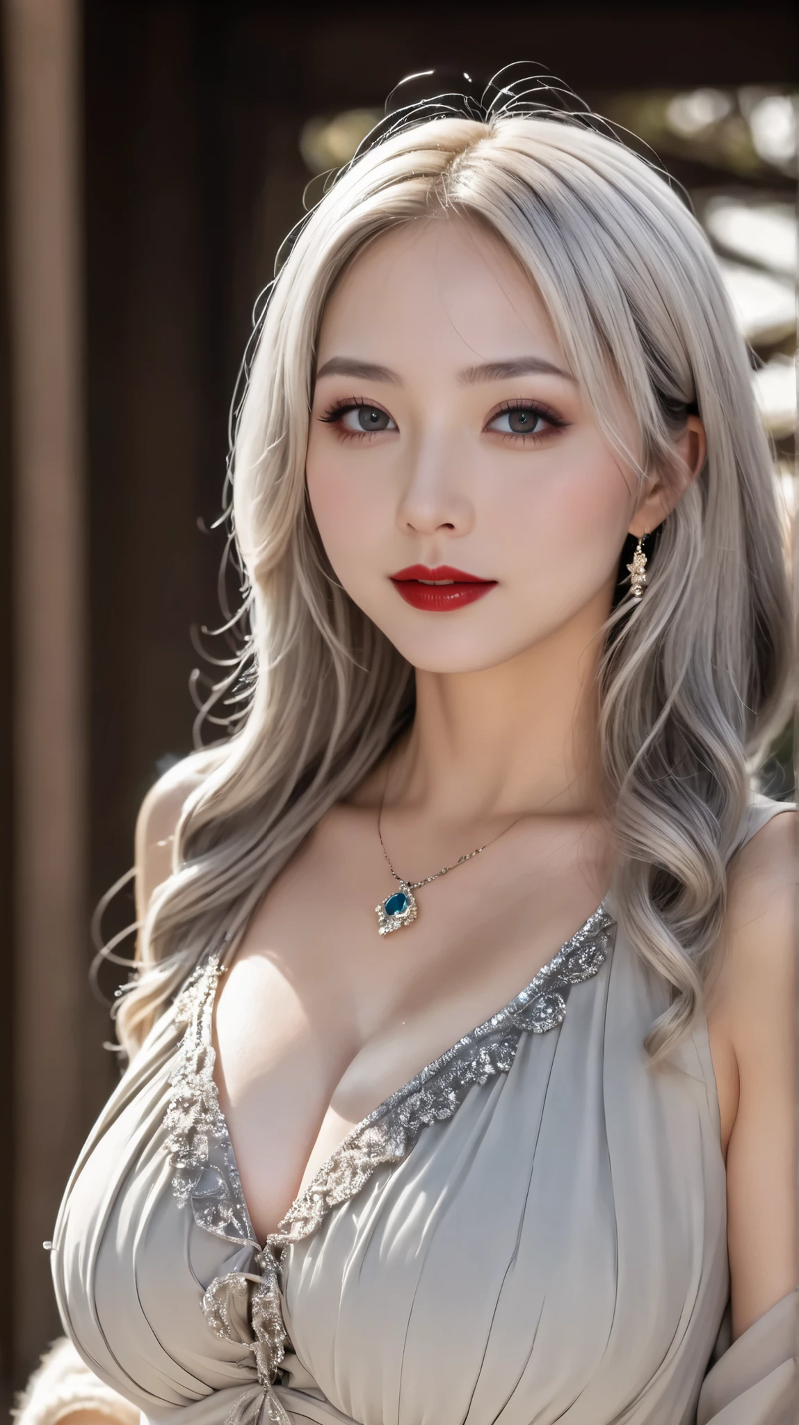 Highly detailed CG Unity 8k wallpaper, (masterpiece), (best quality), (super detailed), (surreal), (best character detail: 1.36), nikon d750 f/1.4 55mm, dynamic angle, professional lighting, photon mapping, radiosity, physically based rendering, outdoor, downtown, viewer's gaze, blush, single girl, mature woman, mature,, tall, Golden proportions, (Kpop Idol), (Glossy skin: 1.2), (Oil skin: 1.1), makeup, [:( High Definition Face: 1.2):0.2]:,PureErosFace_v1, ((Wavy gray hair and sophisticated style)),(Charming monkey: 1),(Puffy eyes),(Eyelashes: 1.1), (Parted lips: 1.1), Red lipstick, Wide shoulders, (Medium breasts: 1.1), ( Cleavage: 1.1), Beast Ears, (Big Butt: 1.2), Niso, , Han Cloth, Tang Dynasty, Tang Dynasty, Tang Dynasty Clothing