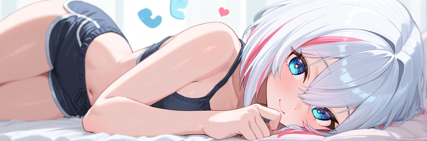 missionary, sex, vaginal, 1girl, 1boy, penis, lying, white t-shirt, bottomless, medium hair,( two-tone hair ), uncensored, spoken hearts, smile, closed mouth, blush,