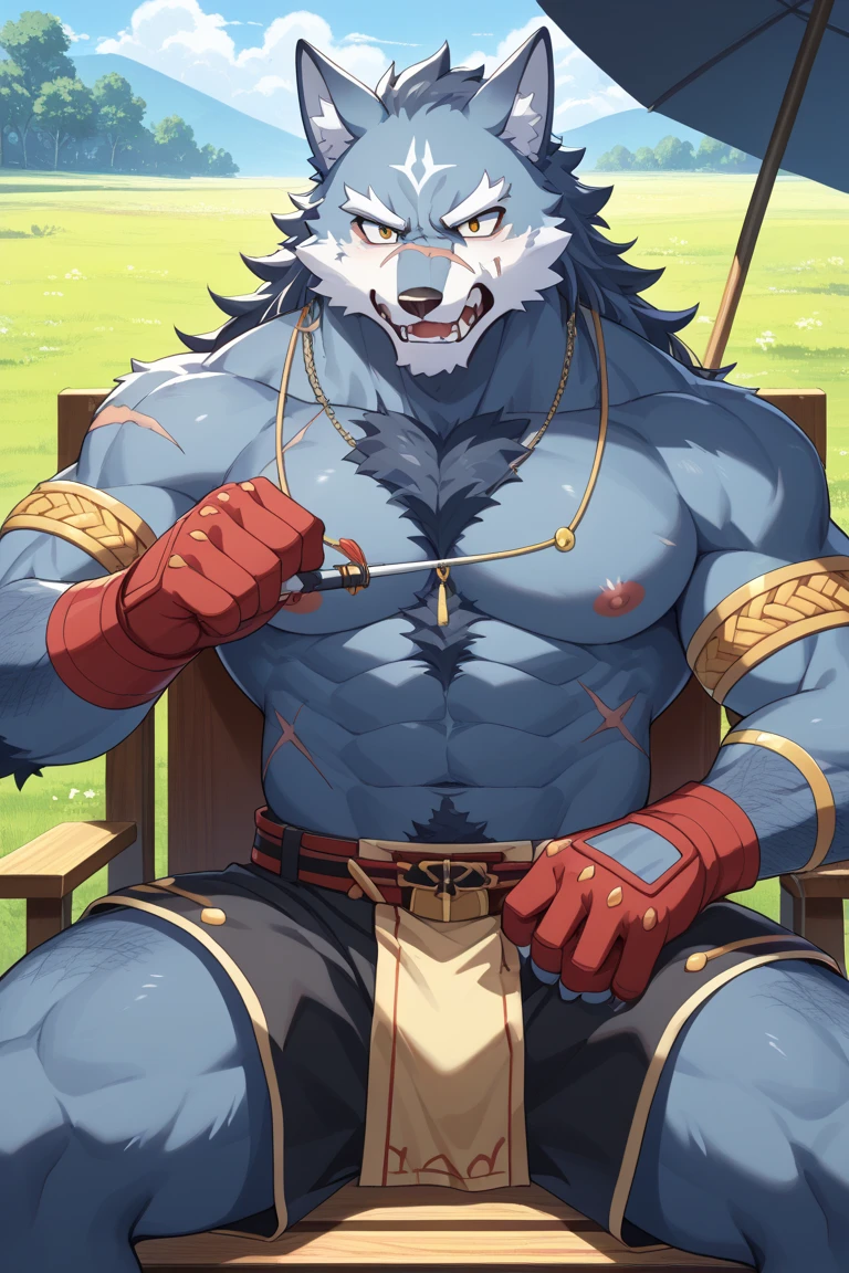 ((best quality)), ((masterpiece)), (ultra detailed), perfect face,(sharp eyes),sharp focus,japanese anime,manga,(artist: lindong, null-ghost, dangpa, gamma_g, kulplant), (male antro wolf):2.0,((deep indigo fur)), ((white belly)), vertical white on forehead, (sharp eye,ultra-detailed eyes), exquisite eyes, ((blue:0.1) eyes), ((wearing yellow loincloth):0.7, tribal clothing, with blue pattern):0.8,muscular male,sexy body, reflection, (Great physique),strong arms man,middle-age, strong, (((sfw:1.5))), ((abs, strong muscle, 8 pack)),(bulge), shirtless, topless, claw, pink nipples, white fluffy chest hair,wearing random pattern necklace, (indigo wolf tail, long fluffy tail), handsome, majestic, Delicate canine teeth, hairy, male, (full body), anime, (sitting in the garden), planted full of trees, trees hanging with various ripped fruits, table full of fuits, days