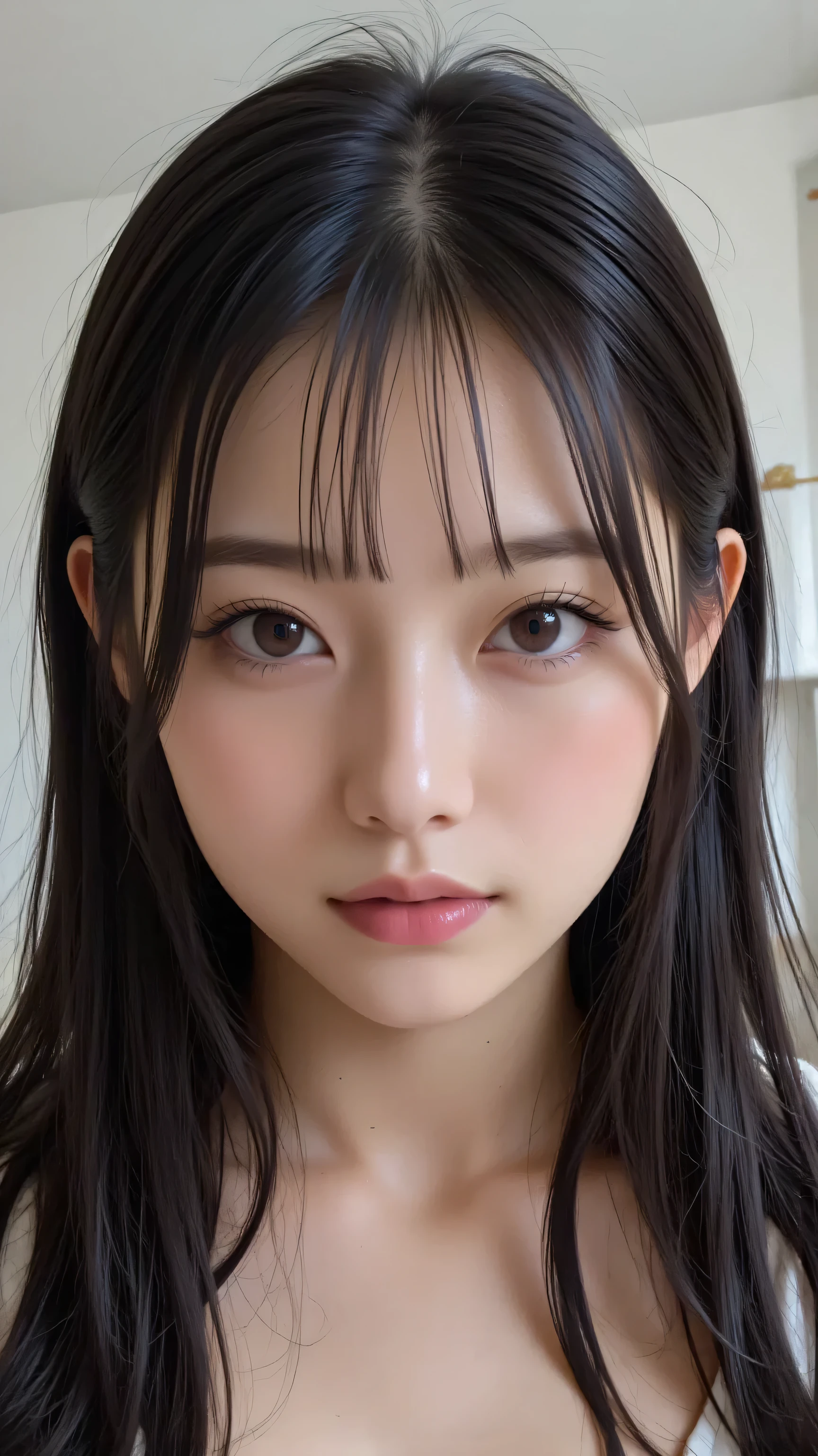 Blurry, Instagram,photo taken with iPhone,Korean woman, solo, black hair, long hair, watching viewers, Parted lips, Bang,face close-up,indoors,makeup,tile wall,bathroom, high detail skin