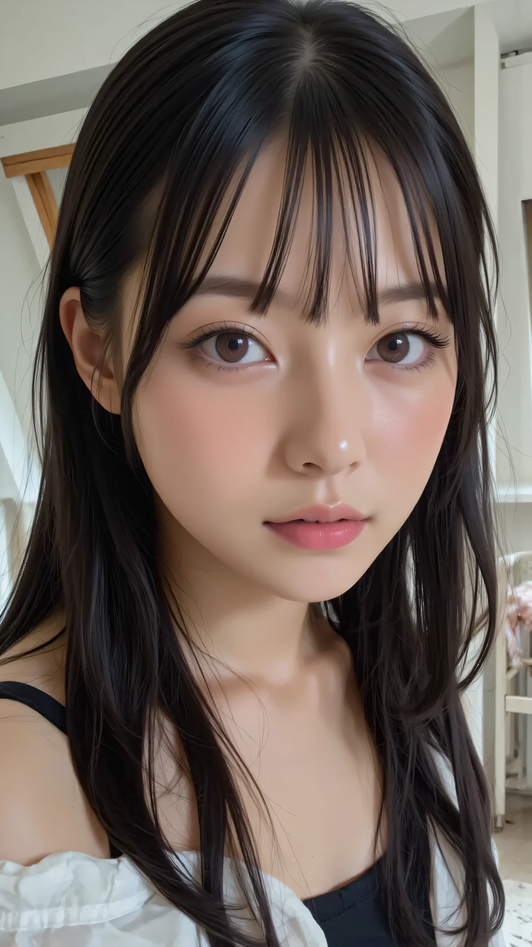 Blurry, Instagram,photo taken with iPhone,Korean woman, solo, black hair, long hair, watching viewers, Parted lips, Bang,face close-up,indoors,makeup,tile wall,bathroom, high detail skin