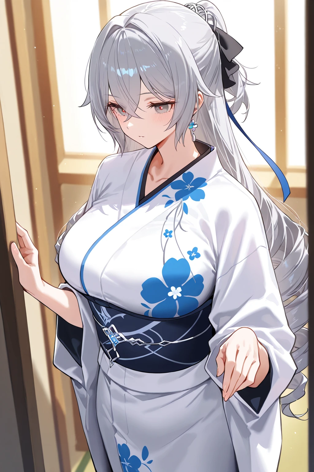 masterpiece, highest quality, High resolution,Follow the prompts、Anime Style、Silver Hair、Long Hair、Take off your kimono to show your cleavage