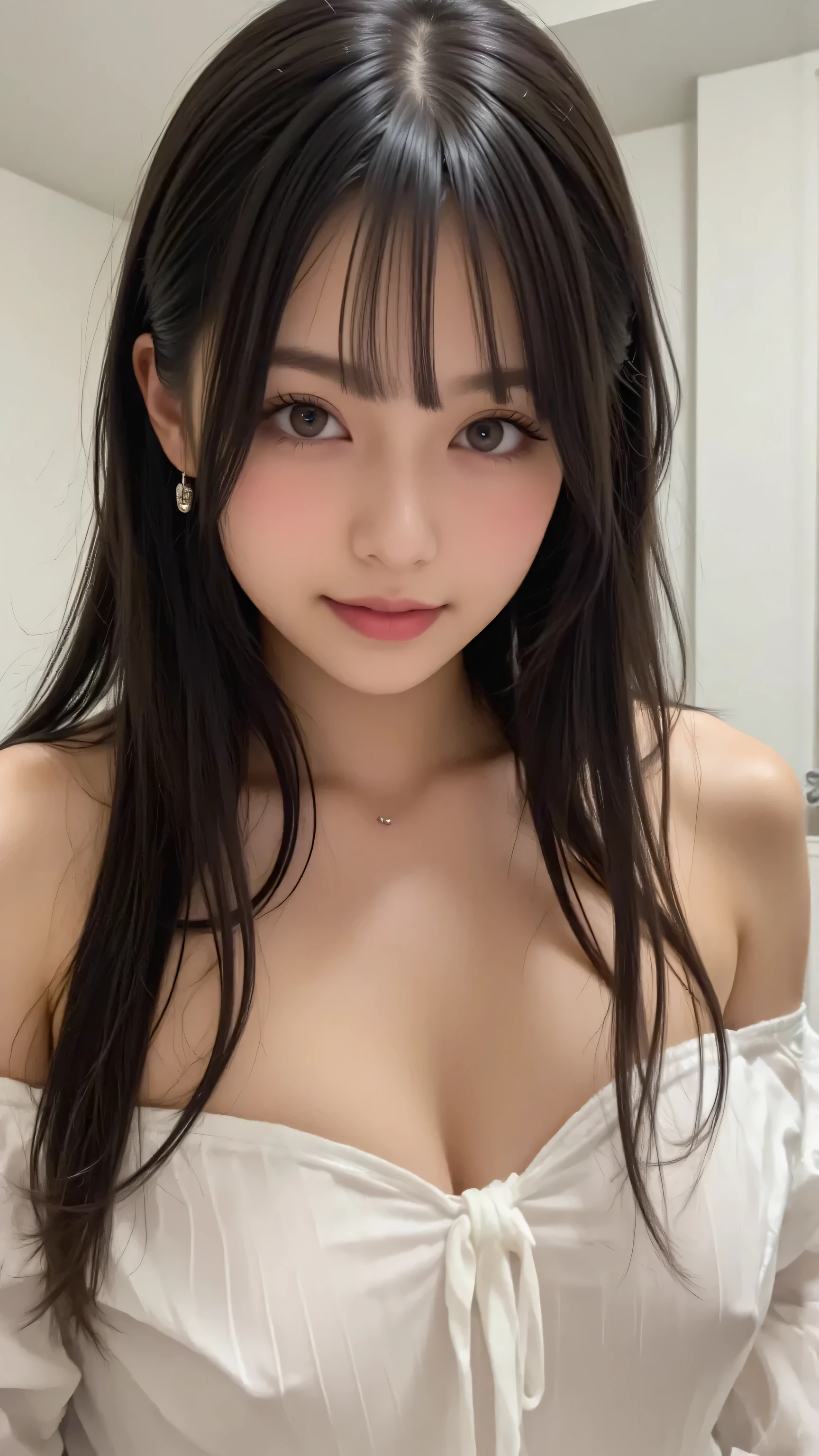(masterpiece、top quality、very detailed))、black hair、long hair、 ぼさぼさの前髪、Wave Hair、grey eyes、(( open your mouth 、Saliva Flowing from My Mouth))、((Come with your tongue))、((lots of earrings))、((とても大きなchest))、((white sweater))、chest、Off Shoulder、strapless、((thick waist))、thighs、、on bed、bedroom background、((facial))、(( buke the world))、chestを絞る、((1 boy ))、((Panties with penis))、nsfw、Hand Job、topless、spread pussy、crotch grab、((intravaginal))、((sex))、back、
