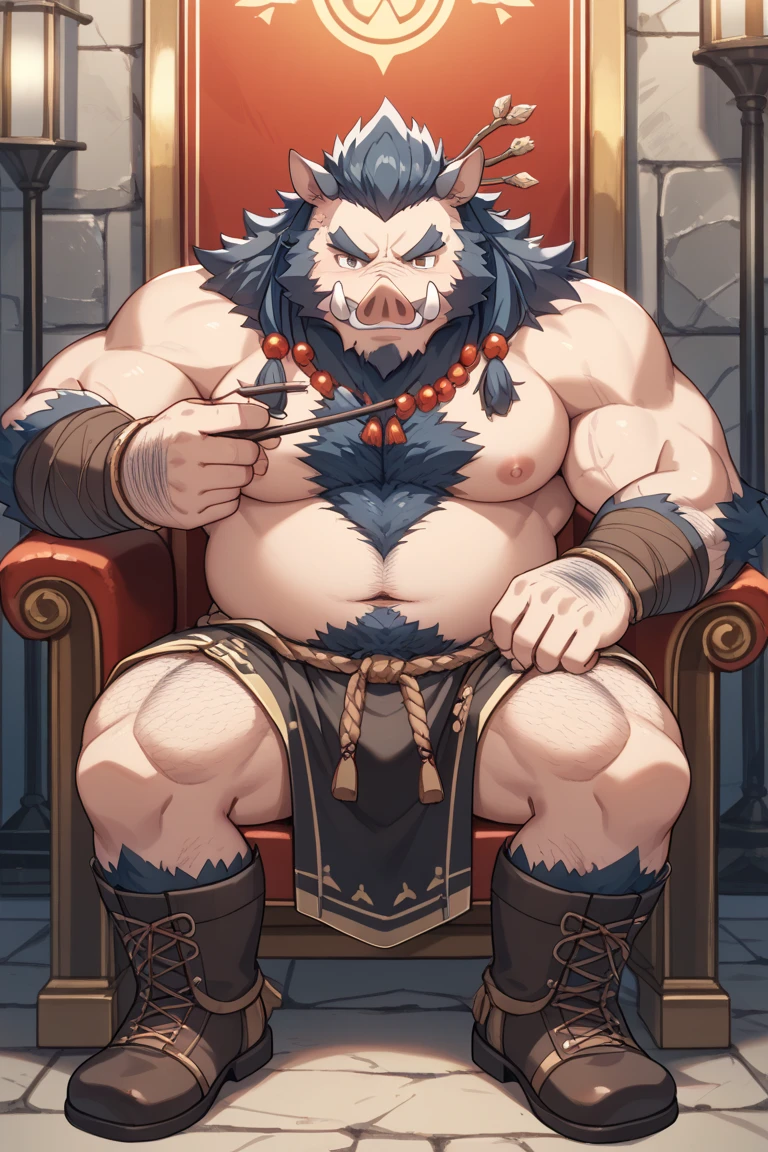 uploaded to e621.net, masterpiece, 8k, hyena, male, gray hair, king, soft figure, heavy, chubby, muscular, barbarian outfit, laughing, brown leather outfit, beige fur, spots, bare paws, wooden throne, seated, huge bulge, (penis outline:0.9), detailed crotch, bulgeJ8, primitive keep, stone room, treasures, (crowded:1.3), (figures in background:1.5), (muscular guards:1.2), longhouse, by darkgem, by bng, by duase, by gideon,