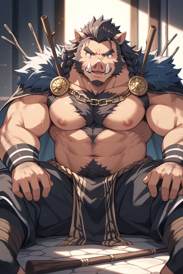 Anthropomorphic wolf,werewolf,man,large pecuscular limbs,bare upper body,broad shoulders,huge crotch bulge,muscular,large,bearded,facial hair,body hair,chest hair,arm hair,leg hair,full body,grey fur,((high detail,masterpiece,best quality, high definition))