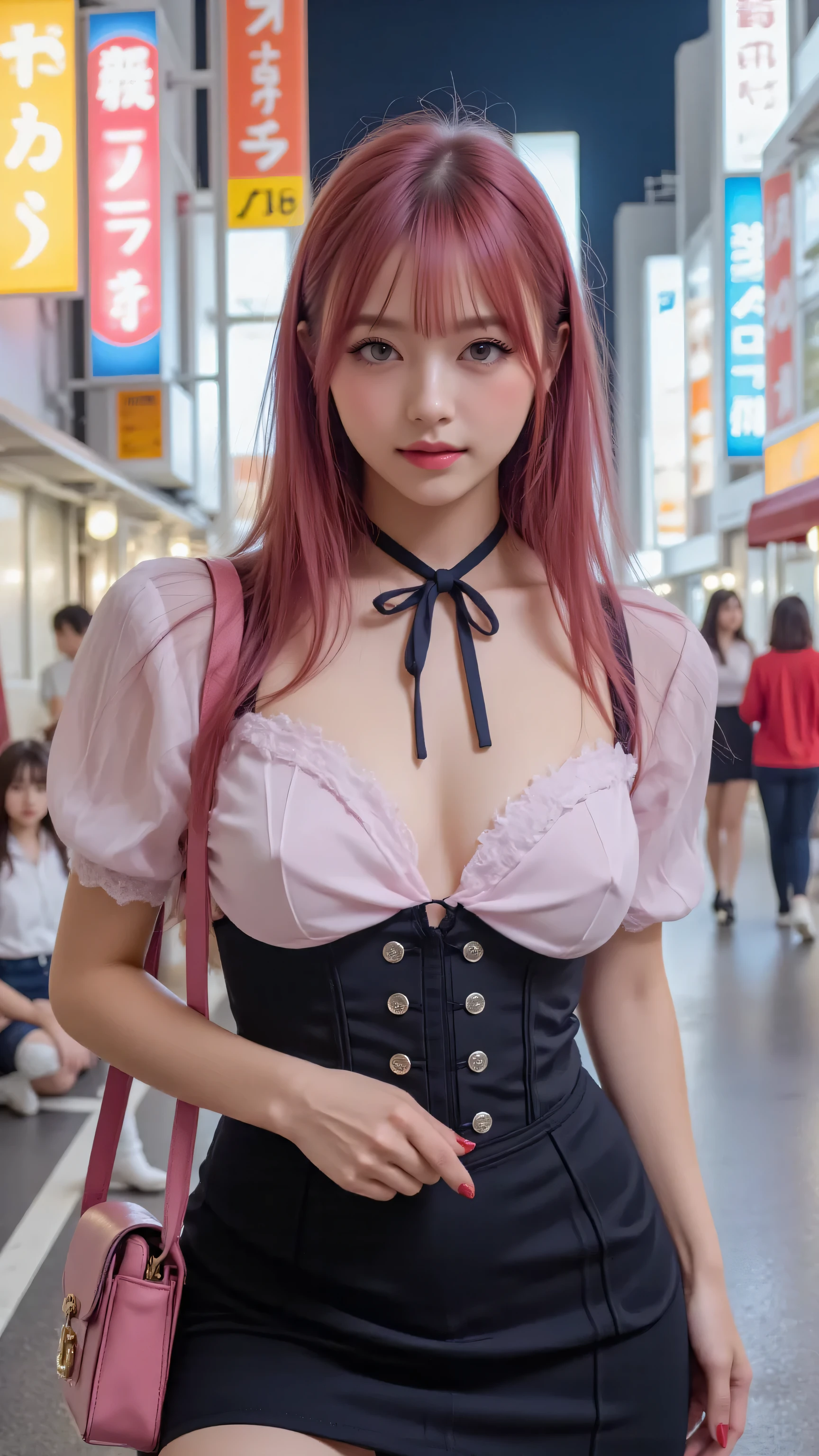A stylish young woman with soft, wavy pink hair and、thin, straight bangs, adorned with Small black ribbon that enhance her Lolita Fashion aesthetic. she wears a pastel pink blouse with frills and lace, in the center of Tokyo. and a high-waisted black suspender skirt, corset Designed with stylized lace-up details and a heart-shaped buckle bow. In her hands, that adds a subtle yet mysterious vibe to her look、x} which further enhances her stylish look.
her makeup is' Jirai ' (Menhera) style, featuring red eyeshadow that appears like tears streaming down her eyes, accentuated teardrop bag and droopy eyes, and stand in a pale , Bloodless complexion. She has a cute pink handbag, features puff sleeves and Peter Pan collars. Playful yet confident .
She is wearing BLACK PLATFORM SHOES , which further emphasize her stylish look.
background matches the overall fashion, filled with glowing signs and dazzling billboards. The vibrant atmosphere of the city merges with cyberpunk aesthetics, where colorful reflections create a dreamy and stylish scene.
Realistic Style, Ultra Fine, 4K, soft lighting, high resolution, cinematic, photorealistic, Lolita Fashion, 'Jirai' makeup, Harajuku style, pastel colors, accentuated teardrop bag , red eyeshadow, pale skin without blood, Crimson lips, stylish, elegant, Small black ribbon, BLACK PLATFORM SHOES , Neon City, Tokyo nightlife, cyberpunk mood.
