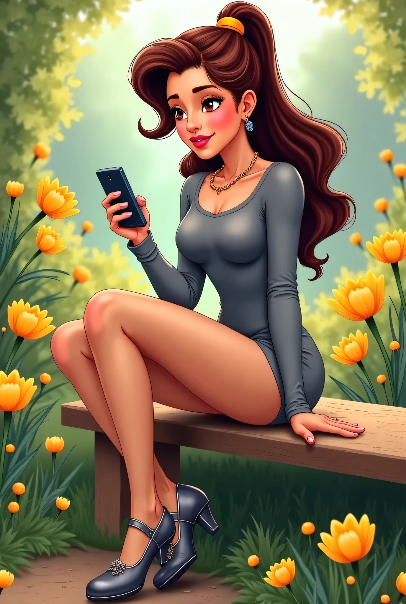 make a caricature of a blonde woman with blue eyes, medium body, Caucasian skin, with large glutes, lying on your stomach looking at the screen, and dressed in a transparent black bodysuit . Its silhouette is seen from the side.