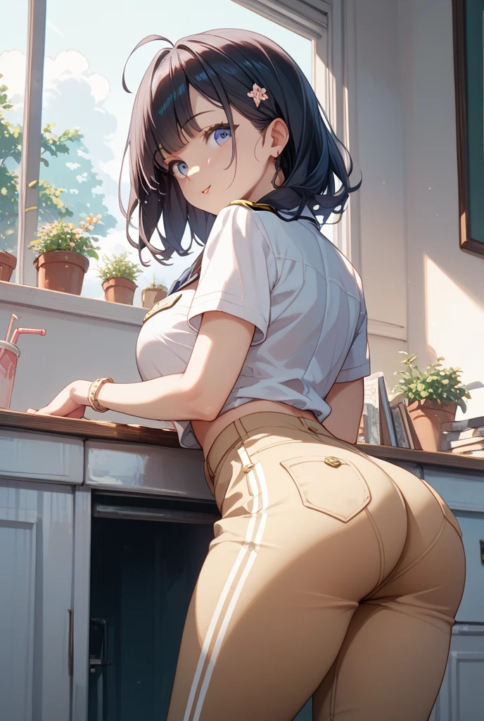 
(nsfw:1.3),
(bottomless:1.3),

(black medium-length short bangs hair),
(waved hair:0.2)
(put your hair up:1.0),
(Disheveled Hair:1.3),
Masterpiece, high quality, High resolution,extremely detailed, cute with glowing white skin, eyelashes and cute blonde eyes, アニメ, gorgeous background-centered composition,
(Best quality, 8K, photos of cute Japanese women),
(Raw photo: 1.0),

(The background is a high school in Japan　classroom　School building　stage　Sports Equipment Room), 
(A pale light shines through), 

(1girl:2.0),
detailed face and breast,
17 years old,


(Japanese schoolgirl　Short sleeve shirt　　uniform),

(erect nipples:1.0),

(Adult female body:1.5),

(peek camelto pussy public hair:1.2),


(Naughty, Nasty, Erotic, Lewd:1.3),


(Her pussy is overflowing with love juice:1.3),
(close eyes:1.2), 


(Grab the butt:1.2),

(Squirting:1.3),



(Her body is wet:1.2), 

(Close-up her:1.4),

(Beautiful white skin:1.2), (from behind),