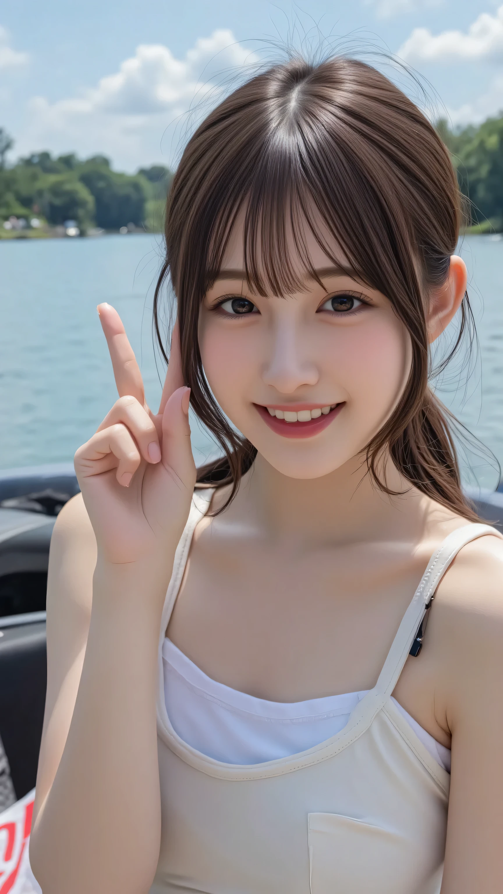masterpiece, best quality, detailed, ultra detailed, insanely detailed, hyper detailed, exquisite, beautiful, high quality, lake, female , delightful, smiling, making a peace sign, looking at viewer, ponytail, brown hair, black eyes, tanned skin, slender, beautiful breasts, beautiful ass, shorts, blouse, delicate facial features, japanese idol, cute face, smaller face, ager, japanese, asian, Joyful Scene, Fun Scene, with a lake, cute, photorealistic, hyperrealistic photo, ultra realistic photo, portrait, raw photo, realism, full body shot, midday, sunlight