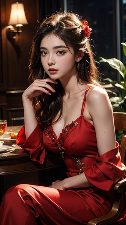 (masterpiece:1.3), (8K, Photorealistic, Raw photo, Best image quality: 1.4), Japanese supermodel women、30th Generation、(Random Hairstyles:1.2)、Cleavage:1.2、Super detailed face、Attention to detail、double eyelid、Put your chest together、Sharp focus:1.2、Beautiful woman:1.4、Light brown hair、Highest quality、masterpiece、Ultra-high resolution、(Photorealistic:1.4)、Highly detailed and professionally lit smile、A loose red lace dress、Off the shoulder、A simple, stylish room with a white base、Beautiful city view from the window