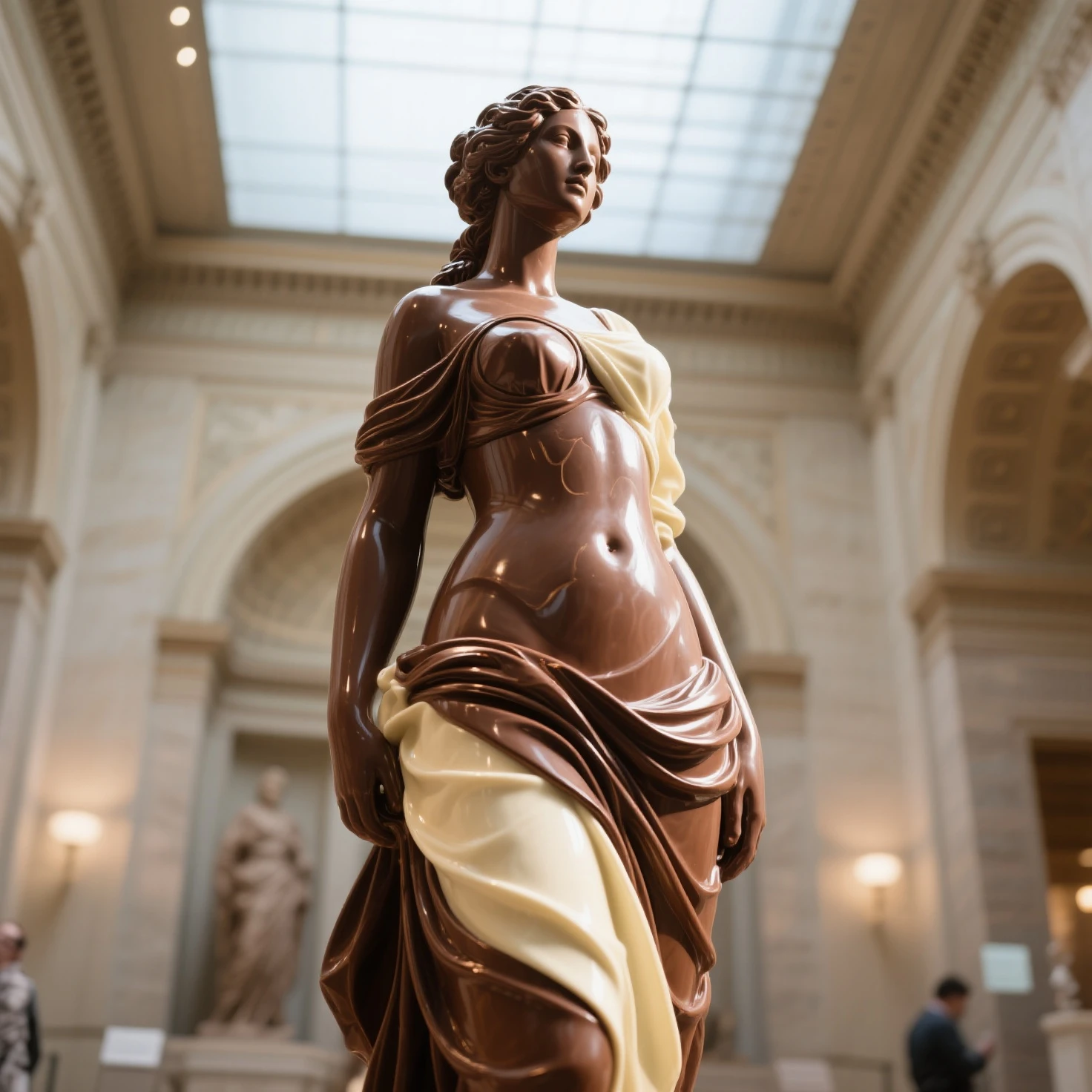 an aged slightly corroded terracotta statue of a female greek goddess, on display in a beautiful garden full of flowers, partially entangled with vines, sun ray, bright lighting