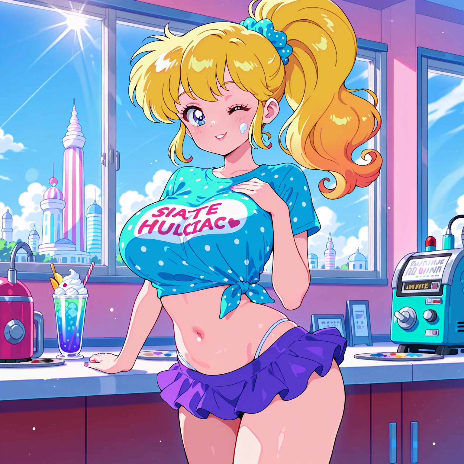 Sexy Mommy's babysitter, woman, women only, girls only, sexy makeup, long hair, human, light skin, curvy, black choker, large breasts, huge breasts, wearing a diaper, adult diaper, plain white diaper, thick diaper, bulky diaper, (colorful pastel diaper, bulbous diaper), naughty smile, (at a sorority house party), surrounded by giggling girls, college buildings seen out the balcony, latex, blue eyes, heart emojis
