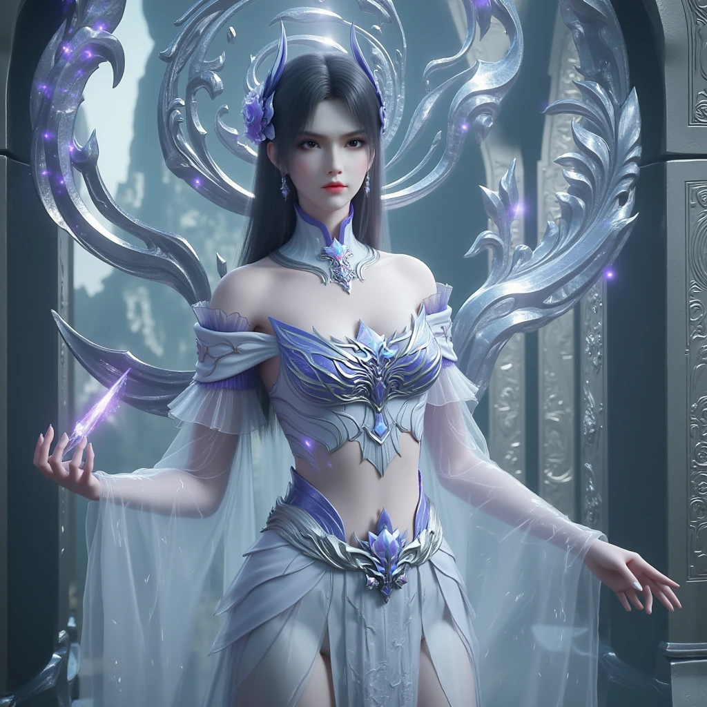 Arad woman in white dress, holding sword and shield, beautiful and elegant elf queen, beautiful and elegant female elf, stunning young ethereal body, ethereal fantasy, very beautiful elf top model, elegant movie fantasy art, beautiful elf with gorgeous robes, movie goddess shot, movie goddess body shot, seductive elf princess knight, elegant movie pose, eyes closed, mouth closed, (super big breast: 1.5), cleavage, (tall figure), (delicate face), (flying long hair),