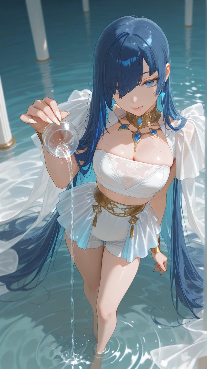 (highest quality, 8K, 32K, masterpiece, UHD: 1.3), 1 female, (Oversized: 1.3), perfect figure,, (attractive), (Sheer skin)) 、((((Transparent see-through dress))))、see-through dresses、lace sheer dress、Transparent dress、Sheer skin、Transparent dressを着た美しい裸の女性、solo、best style、big breasts、The most beautiful in the world、unparalleled beauty、long hair、 ((blue fountain)),、Blue lighting. concept art stunning atmosphere, blue atmosphere, beautiful concept art, Dark majestic gorgeous waterside、(blue water辺、blue water)、blue pottery、Blue Wall、Blue floor、blue reflection、Cyan color、get wet in blue water、Blue light、blue flower、Blue roses、blue electric light、Expressive、sexy pose、sexy design、nipple