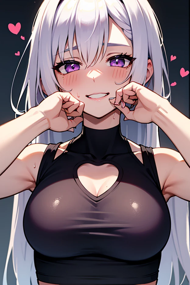 1girl,heart-shaped pupils,fingernails,hands on own face,white hair,purple eyelush:1.1),choker,upper body,trembling,sweat,sweatdrop,heart,(speed lines:1.1),medium breasts, ((heavy breathing:1.3)), love, heart, crop top, happy, smile, boobs, , naked