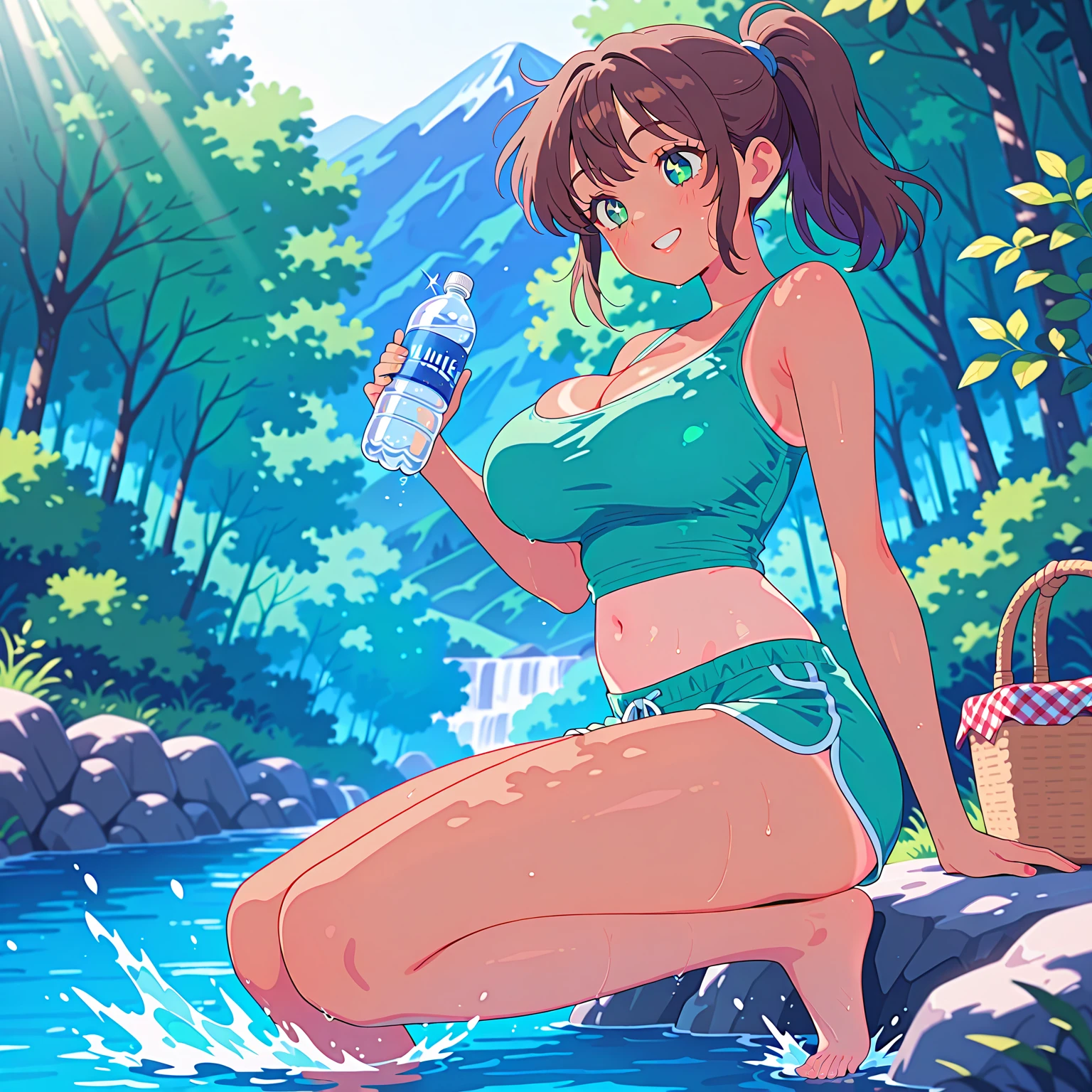 A woman with brown hair and purple eyes, big breasts and a huge ass wearing a white crop top and short purple shorts discovering a crystal clear hidden pool and green goblins watching her.