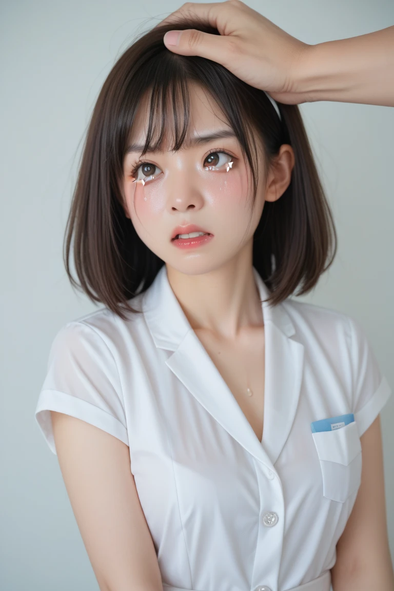 (8K、top-quality、masterpiece:1.2)、(reallistic、Photorealsitic:1.2)、 ((sitting on))、独奏、Classroom、watching at viewers、(Sit up:1.5)、In the school、large full breasts、Fine and beautiful eyes、)、(Dark blonde hair:1)、(short-hair:1.1)、student clothes, A dark-haired, The shirt, bblurry, blurry backround, white shirt, life-like, length hair, s lips, Brown-eyed, neck tie, pleatedskirt, the bow, head rest, masterpiece, top-quality, ultra-detailliert、(((I'm opening my mouth)))、(((Spread your hands over your mouth、Receives white liquid)))、Emphasizes cleavage、(((Sticky white liquid)))、(((Sperm)))、(((up of face)))、((receiving a large amount of greasy white liquid in the palm of your hand,,))、((open open mouth、Put your hand to your mouth))、(((White liquid in the mouth)))、(((Catch white liquid dripping from your mouth with your palm)))、Face shot、Looking Up、Photograph your face from above、Place the palms of both hands under the chin、tongue、put out the tongue