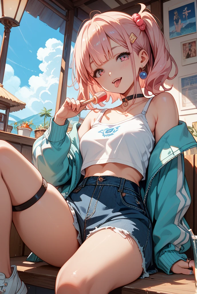 (masterpiece, highest quality, ultra high res, ultra detailed:1.3), 1 cute girl, ideal ratio body proportions, pink medium hair, half twintail, small breast, from below, front view, yellow baggy tank top, tank top covered nipples, blue denim mini (skirt, white panties:1.4), (sitting, open legs, riding on a seesaw:1.3), view from the other side of the seesaw, cameltoe, 