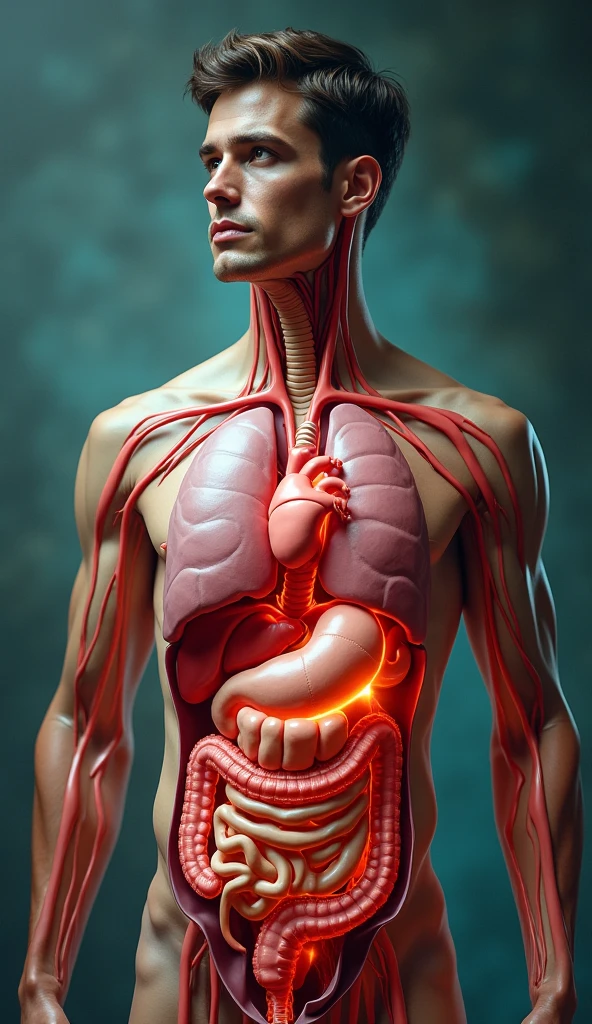 "A realistic image of a human ribcage opened wide, resembling window shutters. Inside, all the organs, including the heart, lungs, liver, and stomach, are visible and emitting thin, wispy smoke as if they are smoldering. The smoke swirls upward in dark and light gray tones, creating a haunting atmosphere. The heart has a small crack, and the lungs show darker patches, set against a dark background with subtle glowing outlines around the organs." Make image