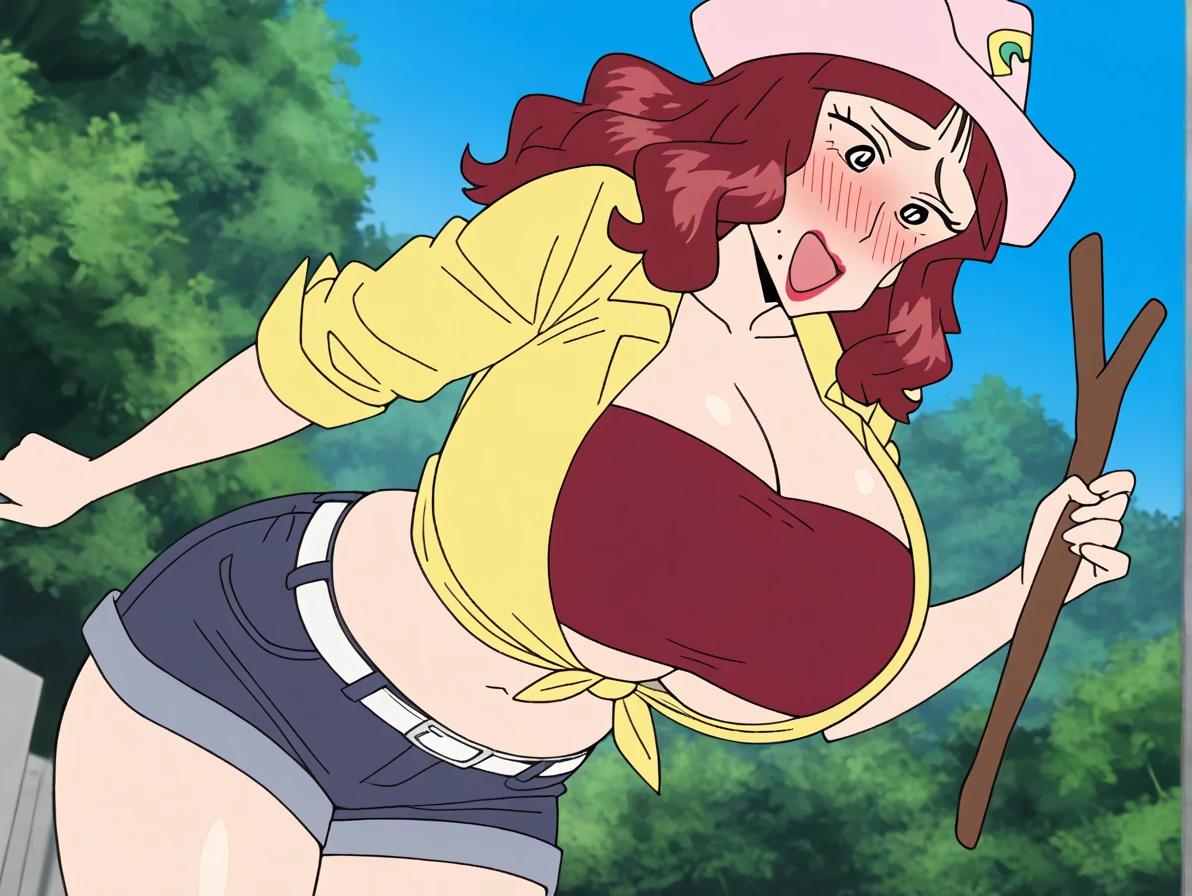 score_9, score_8_up, score_7_up, source_anime, best quality, clear face, Nami, futanari,testicles,big eggs,orange hair, orange eyes, long hair, large breasts, perfect body, standing, looking at viewer, smile, wearing a silver bikini and red látex skirt,red skirt, dynamic angle,outside, wet clothes,blushing,embrassed,see though clothes,big boob, view from below,látex skirt