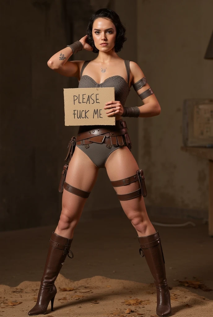 handcuffed slave wearing only a short loincloth skirt open at the crotch without panties, the loincloth is on the side showing her hairy vagina
