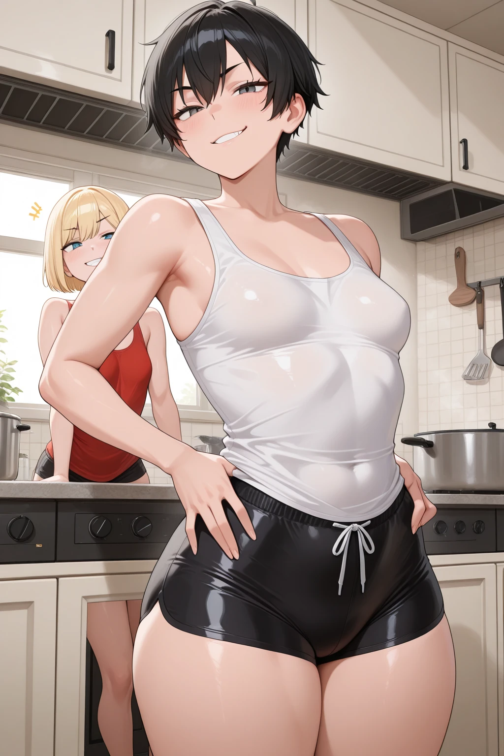 {{Artist: %pepe_(jonasan)%}} a mature muscular woman, confident lusty eyes, kitchen, detailed background, black top, on her knees, clothed big tits, blowjob, man's skinny legs, man's dick in her mouth,