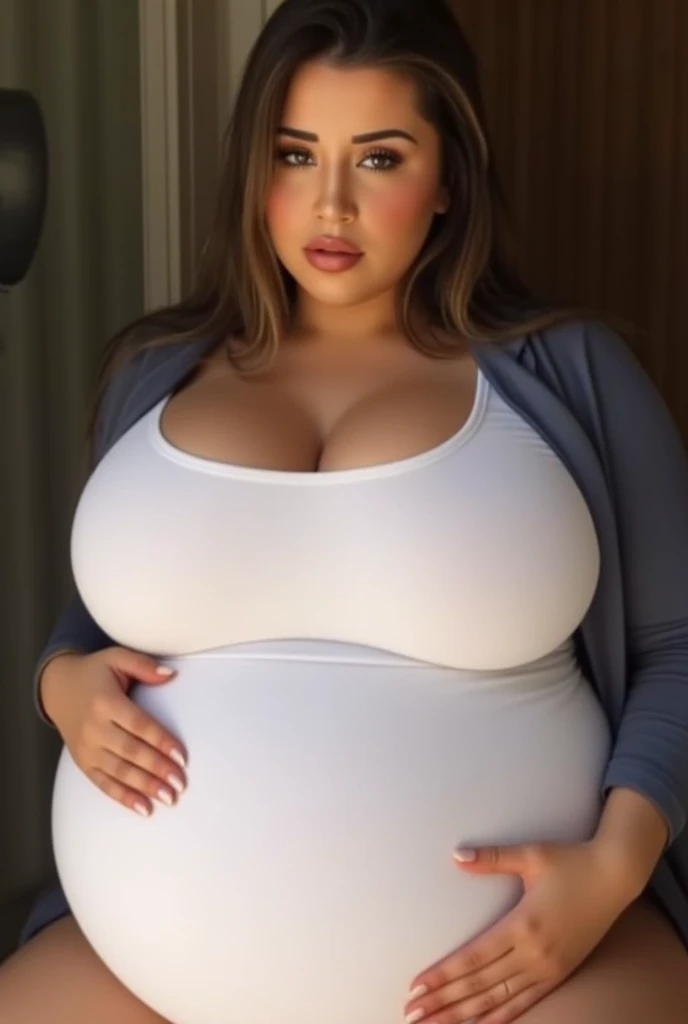 detailed, realism, 4K, 55歳のPregnant women, 顔のdetailed, Big yellow eyes, Fuller lips, nose pointed upwards, Grey hair with pink strands, Wearing a white dress, Rabbit in hand, Background Flowers, White butterfly in the foreground, Realistic shooting, Written boundary depth, Soft Front Light, Shine, High resolution (Calm colors: 1.2), Canon RF 100mm F2.8L Macro ISUSM、Fat girl、Thick waist、Face of a young woman with plump body、Beautiful expression、Big Belly、Full body portrait、High heels、tail、Full body portrait、The whole body is projected, (A sadistic smile of temptation), (Curvaceous), ( 信じられないほど大きなCurvaceousのヒップ), (Very big and voluptuous ass), (Incredibly thick thighs), (Shine肌), (Wet oily skin), Plus Size Model, Stand upright with your legs wide apart, Stand upright with your legs wide apart, Pregnant women,