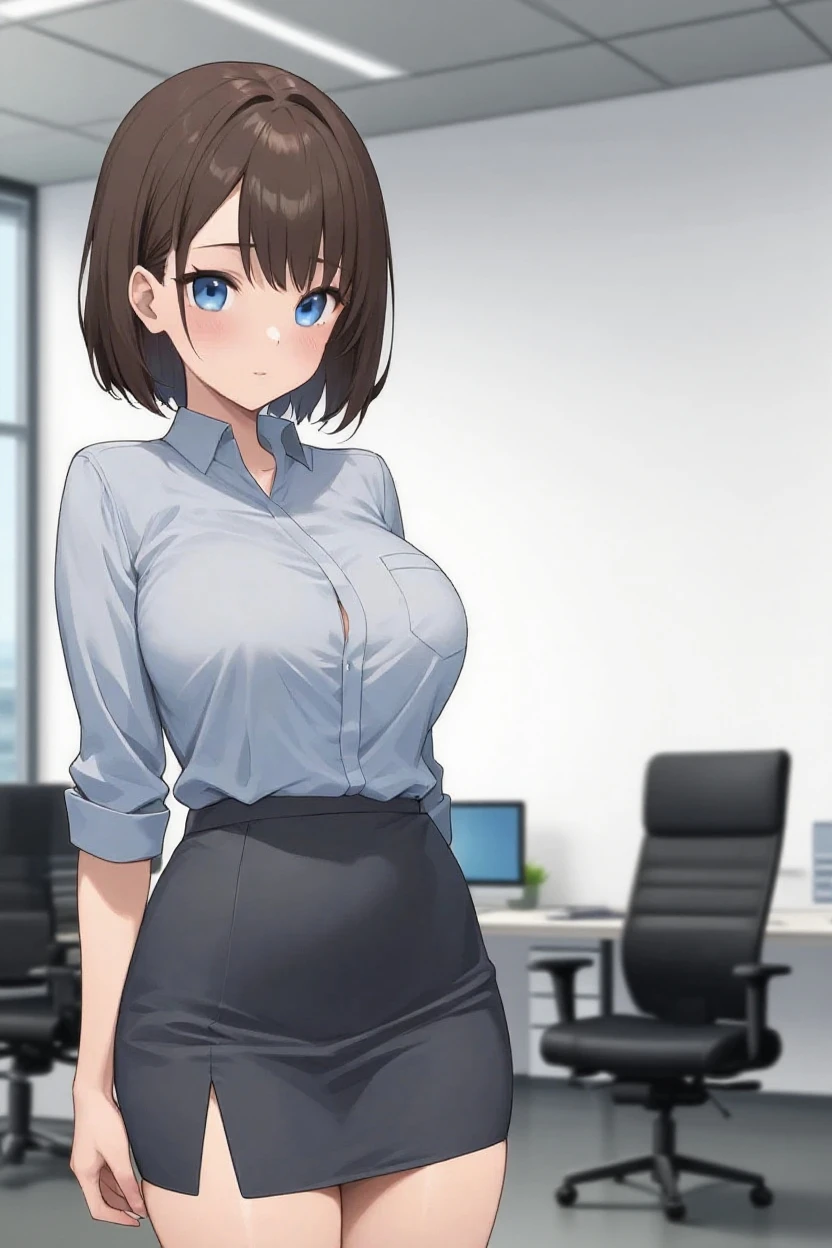 beste Quality、One girl、OL、smile on face、white shirts、Black mini skirt、Open chest、Giant tits、Black Shorthair、Narrow-eyed、little sweat、smile on face、Double eyelidd、Angle from diagonally down、An empty office、A dark、Background blur