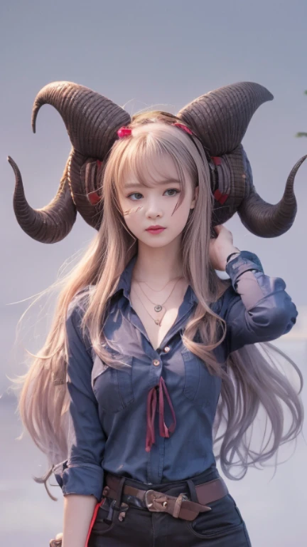 Adult female, long hair, shirt, golden eyes, vertical pupils, magic, tattoos, dragon horns, epic reality, necklace, (CG Unity 8K wallpaper with extreme detail, masterpiece, highest quality), ray tracing, reflective glow white: 1.5, textured gloss orange: 1.3, (rendering excellent enough to stand out in class), full body
