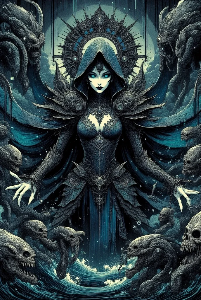 Margot Robbie, malice, skulls, tendrils, dark atmosphere, greyscale, detailed linework, cinematic, psychedelic, black paper with vibrant turqoise line work, ornate, symmetrical, tarot card, highly detailed, ink illustration, style of peter mohrbacher, golden ratio