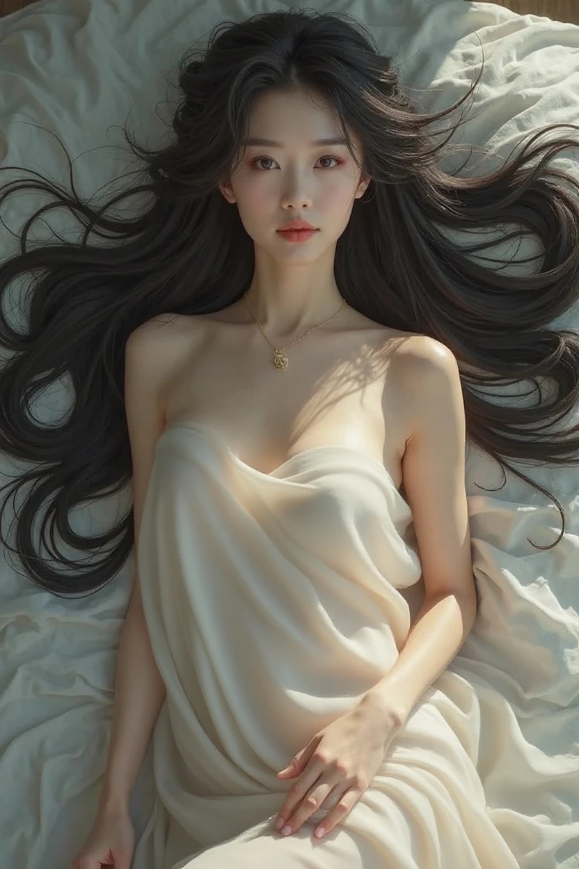 Liquid Dress, Full Body Shot, Top Quality, Masterpiece, High Resolution, 1 Girl, Mature Feminine, Delicate Collarbone, Super Skinny High Split Deep V Liquid Skirt, Silky Long Hair, Necklace, Jewelry, Beautiful Face, top_body, Tyndall Effect, Realistic, Dark Studio, Edge Lighting, Two-tone Lighting, (High Detail Skin: 1, 2), 8K UHD, DSLR, Soft Light, High Quality, Volume Light, Frank, Photos, High Resolution, 4K, 8K, Background Bokeh