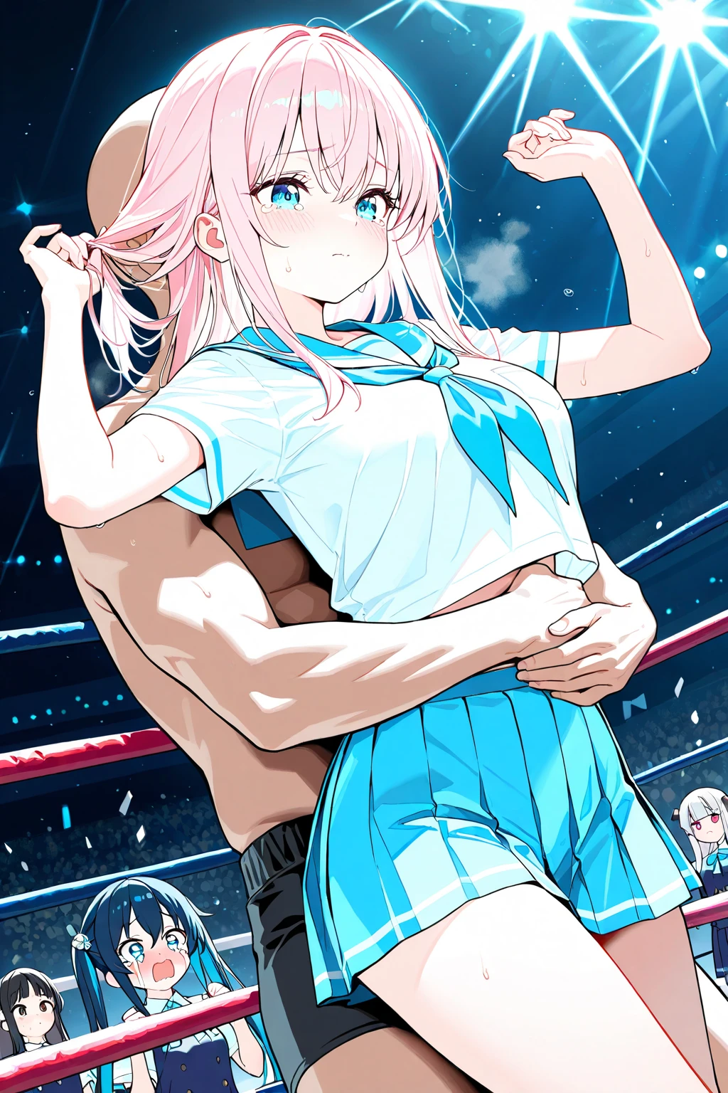 (((masterpiece))),(((best quality))),(ultra-detailed,high resolution:1.2),(illustration),((an extremely delicate and beautiful)),(detailed background), ((((hug from behind)))), sex from behind, standing sex, ((((motion lines)))), vulgarity, (cum in pussy:1.4), ((((wrestling ring)))), ((1petit girl)and(1boy)), hetero, ((((1petit girl,short stature)))),((((miyako(swimsuit)/(blue archive/)))),official style, (slender body:1.4), (long hair,ponytail),white hair,bangs, purple eyes, (small breasts), covered navel, collarbone, pale skin,shiny skin, ((She wears one piece swimsuit,frilly swimsuit, hair ribbon)), (ahegao,rolling eyes:1.4), (trembling), (cum on clothes,cum on body,excessive cum:1.4),cum facial,bukkake,cum on hair, clothing aside, clothed, (1boy,tall stature:1.4), ((((Tartaglia/(((genshin impact/)))), [[[[he looks smug]]]], large penis, text,