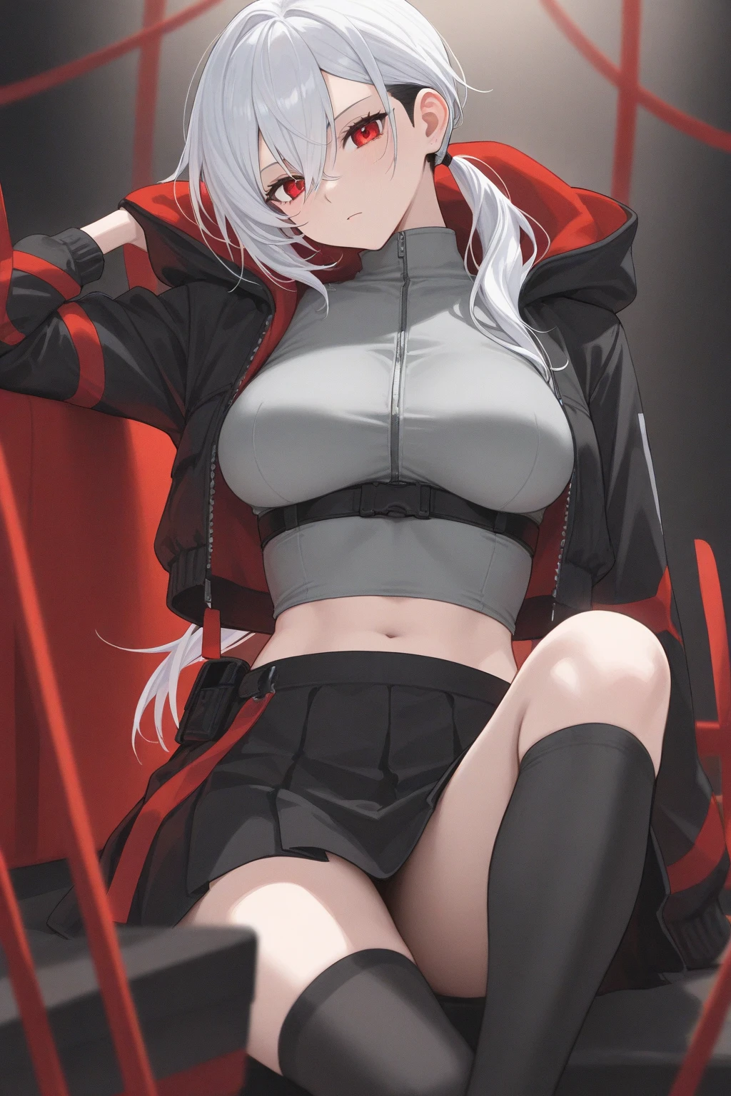 Tall, slim, She has long grey hair tied back in an enormous, messy ponytail that reaches down to her thighs, some of her hair is covering one of her eyes, she wears a red jacket over a black full-body suit, golden eyes