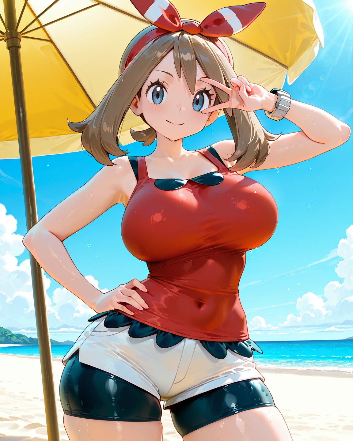 masterpiece, best quality, High resolution, b1, bun,brown hair,  blue eyes, Double tail, sun hat, black pantyhose, Raglan sleeves, shorts, shirt, 乳首がshirtから透けて見える、pink ribbon, watch, standing, Cowboy shooting, site, Monster Ball \(basic\), Grinning、(Rosa_Pokémon)、(((From the lower thigh)))、sit on face、我手里拿着大腿Monster Ball、(((The opening of your legs)))、underwear