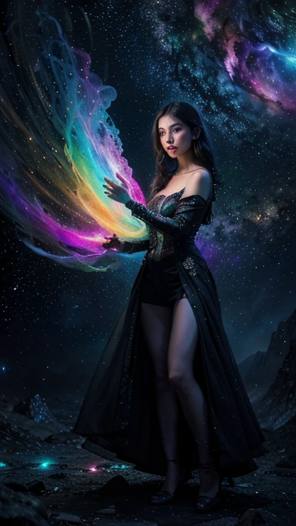 In a hauntingly beautiful astral projection, a spectral figure shrouded in shimmering silver robes drifts elegantly among ethereal starlight, surrounded by swirling nebulae and twinkling galaxies. The painting is a mesmerizing watercolor masterpiece, intricately detailed and blending hues of midnight blues, deep purples, and iridescent silvers to create a mesmerizing celestial scene. Each brushstroke is expertly rendered, capturing the essence of otherworldly beauty and mystique in this enchanting work of art.