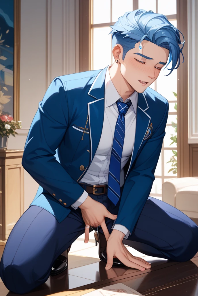 avert your eyes,The lower half is naked、((The penis is erect)),masterpiece、Highest quality、break (18-year-old male:1.5) and (Mahogany brown short hair) and (Green Eyes)break (White collared shirt) and (Blue tie),The background is a bedroom of a luxury hotel、Embarrassed face、